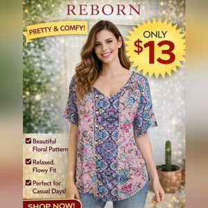 Reborn Women's Floral V-Neck Open Short Sleeve Blouse Size Large
